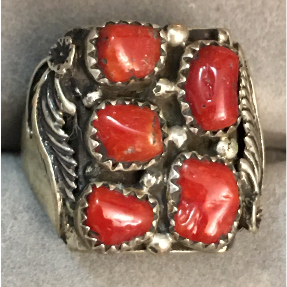Vtg Navajo RED TURQUOISE Native American Coral Design Sterling Silver Ring Sz.11
